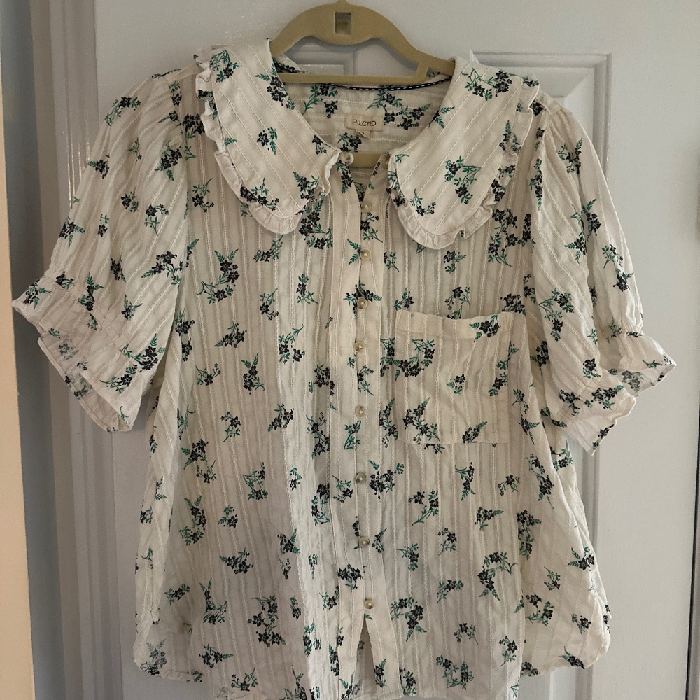 Pilcro The Keira Blouse White with Green Floral Print Top XL